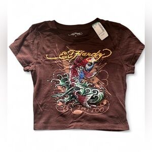 BRAND NEW Authentic Ed Hardy Brown Tee with Colorful Fish Graphic | Size Small